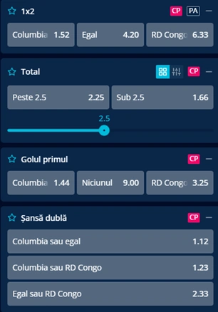 Cote pariuri Columbia vs RD Congo la Mr Bit