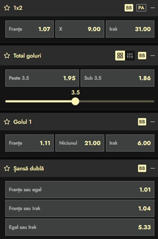 Cote pariuri Franta vs Irak la Don
