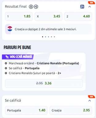 Cote pariuri Portugalia vs Croatia la Betano