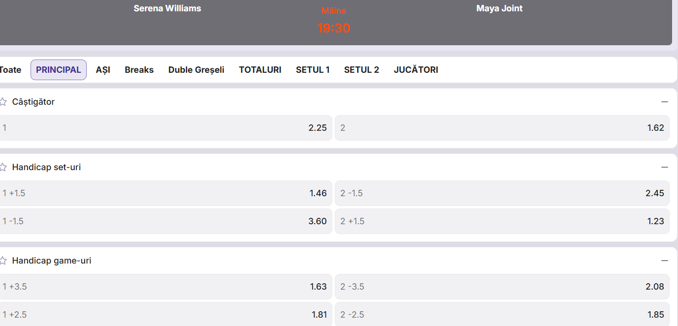 Cote pariuri Serena Williams vs Maya Joint