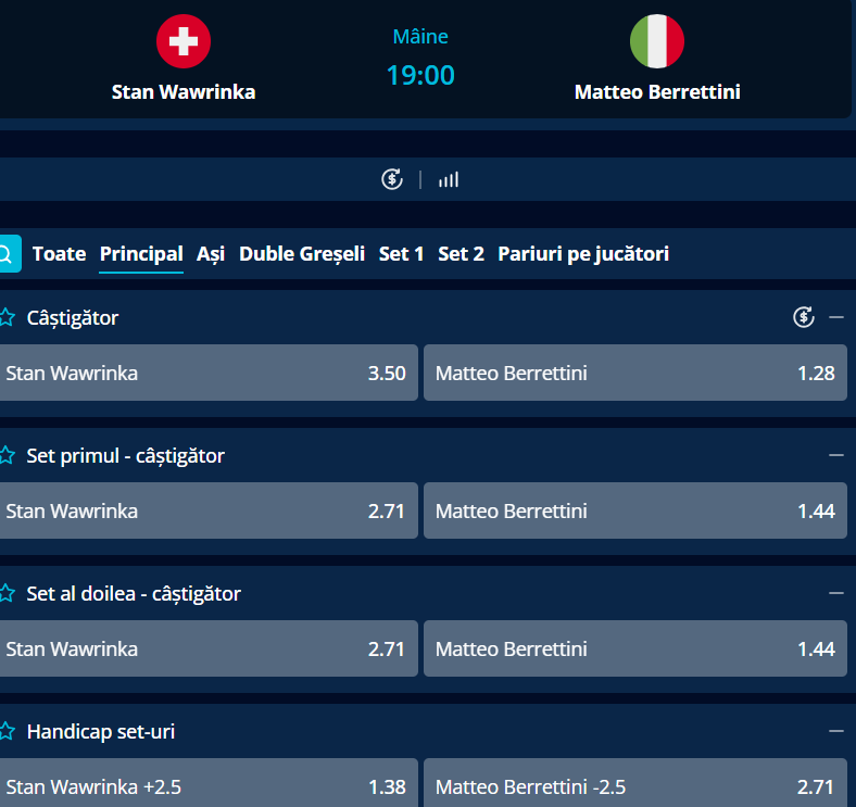 Cote pariuri Stan Wawrinka vs Matteo Berrettini