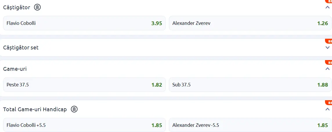 Cote pariuri la Betano Flavio Cobolli vs Alexander Zverev, neamțul are prima șansă în finala French Open 2026