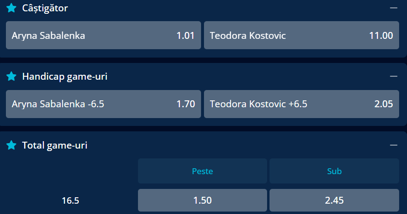 Cote pariuri la Mr Bit  Aryna Sabalenka vs Teodora Kostovic, antrenament cu public pentru bielorusă la Wimbledon