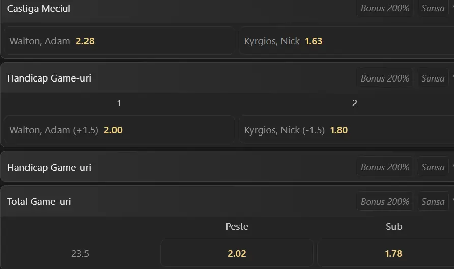 Cote pariuri la WinBet Adam Walton vs Nick Kyrgios, cel din urmă australian e ușor favorit la Mallorca Open
