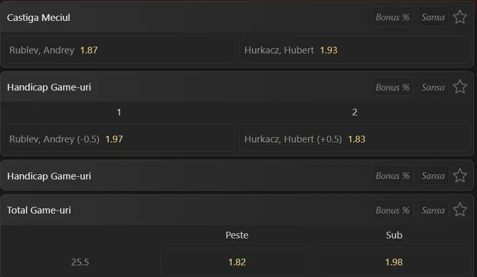 Cote pariuri la WinBet echilibru total la Halle și-un meci deschis oricărui rezultat între Andrey Rublev vs Hubert Hurkacz
