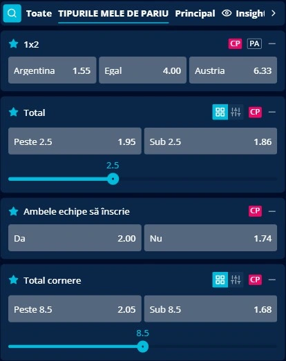 Cote pariuri Argentina vs Austria
