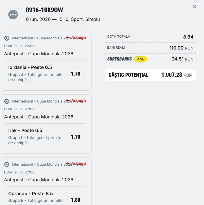 Bilet Antepost pe echipe la Campionatul Mondial 11.06.2026