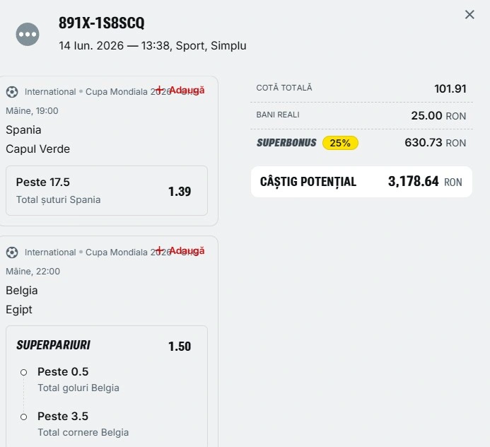 Bilet pariu șansă Superbet 15 iunie 2026