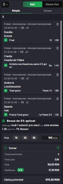 Biletul zilei azi din fotbal 4 iunie 2026