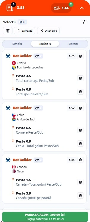 Biletul zilei azi din fotbal la Betano 18.06.2026