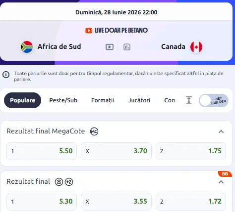 Cote pariuri Africa de Sud - Canada la Betano