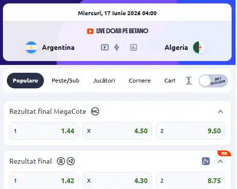 Cote pariuri Argentina vs Algeria la Betano