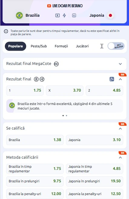 Cote pariuri Brazilia vs Japonia la Betano