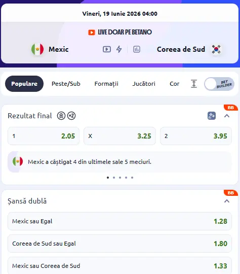 Cote pariuri Mexic - Coreea de Sud la Betano