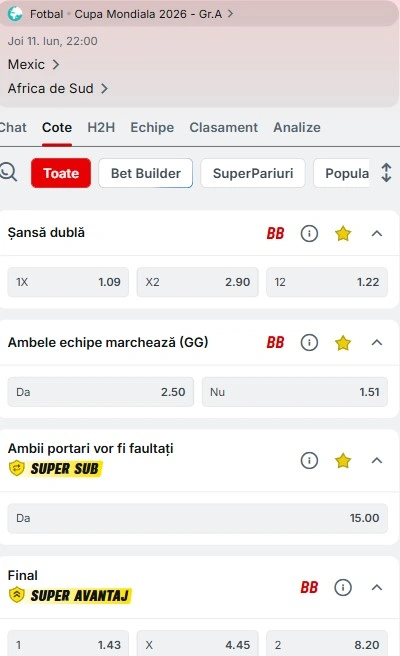 Cote pariuri Mexic vs Africa de Sud de la Superbet
