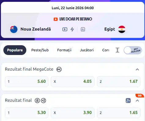 Cote pariuri Noua Zeelandă vs Egipt la Betano