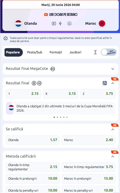 Cote pariuri Olanda vs Maroc la Betano