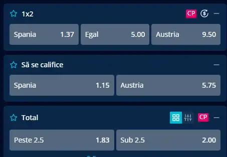 Cote pariuri Spania vs Austria acordate de Mr Bit