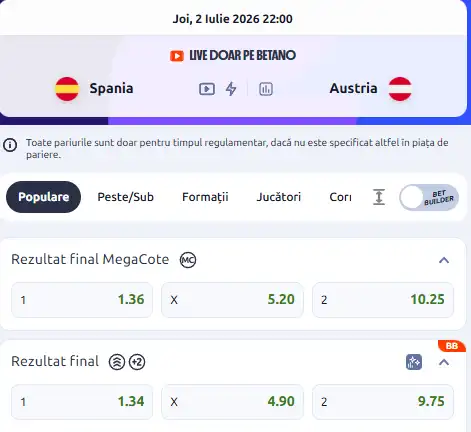 Cotele la pariuri în Spania vs Austria la Betano