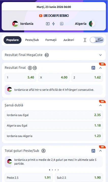 Cote pariuri Iordania - Algeria