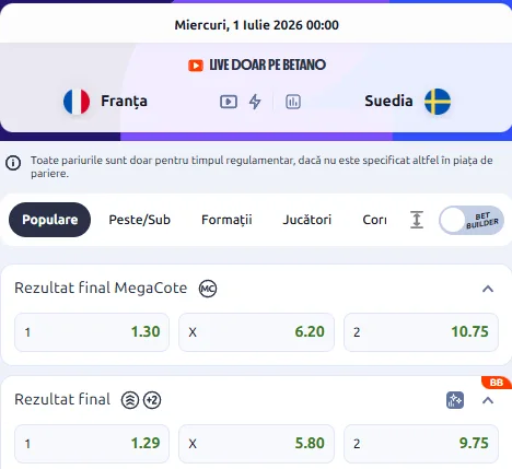 Oferta de cote pariuri Franța - Suedia la Betano