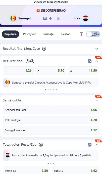 Cote pariuri Senegal vs Irak