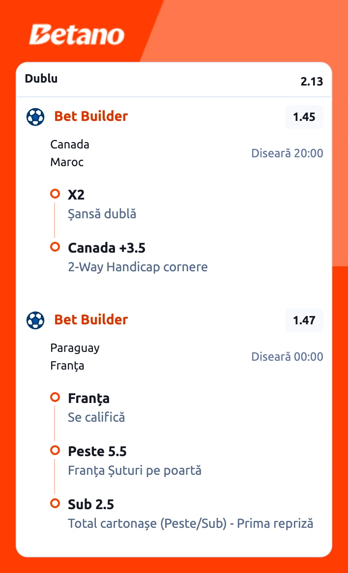 Biletul zilei la Betano, 4-5 iulie 2026. Canada, primul test serios la Cupa Mondială