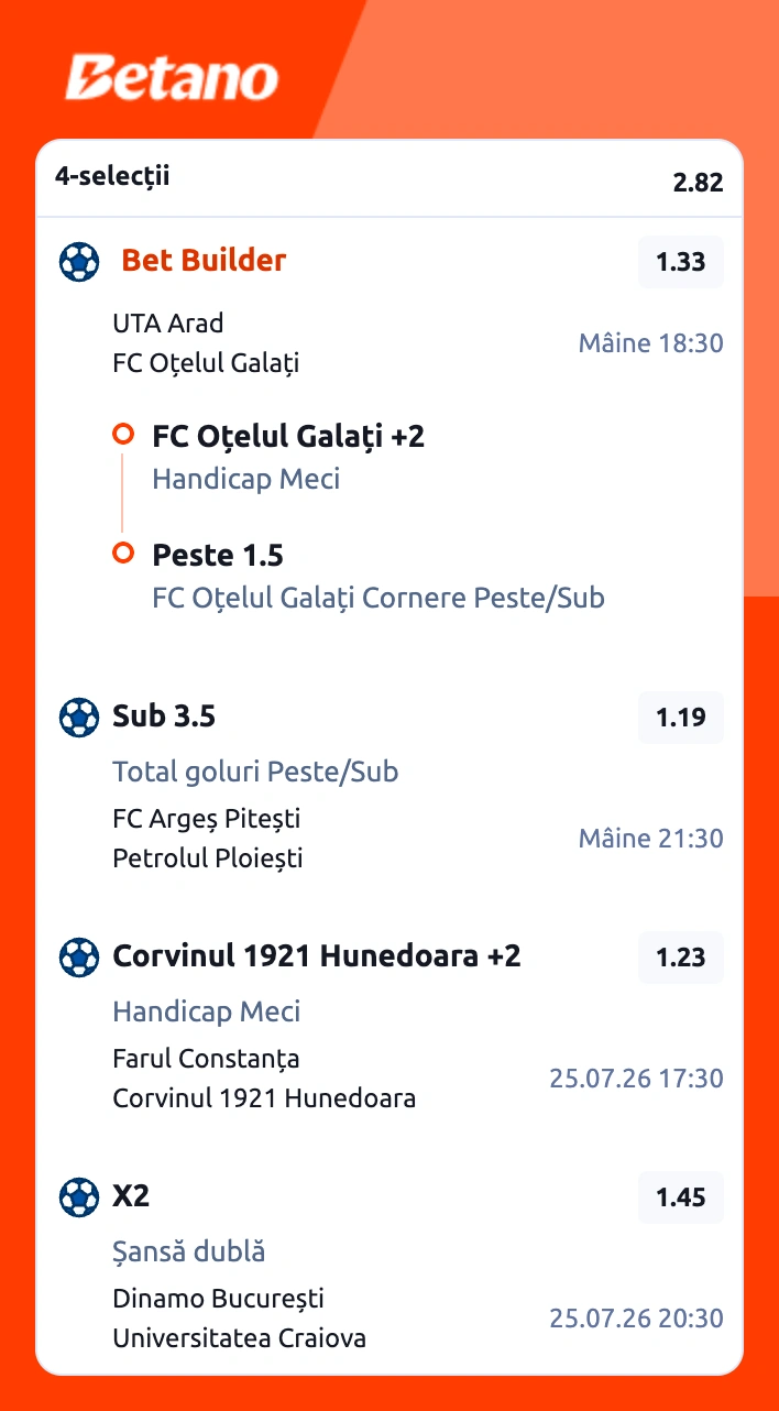 Biletul zilei la Betano din fotbal. Mizăm exclusiv pe Superliga României, 24-25 iulie 2026