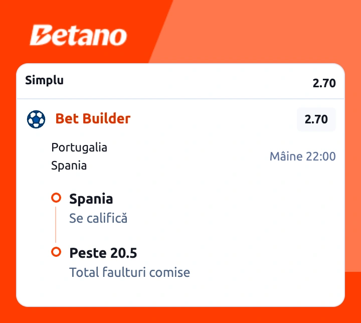 Biletul zilei la Betano în cotă 2.70pe Portugalia vs Spania, 6 iulie 2026