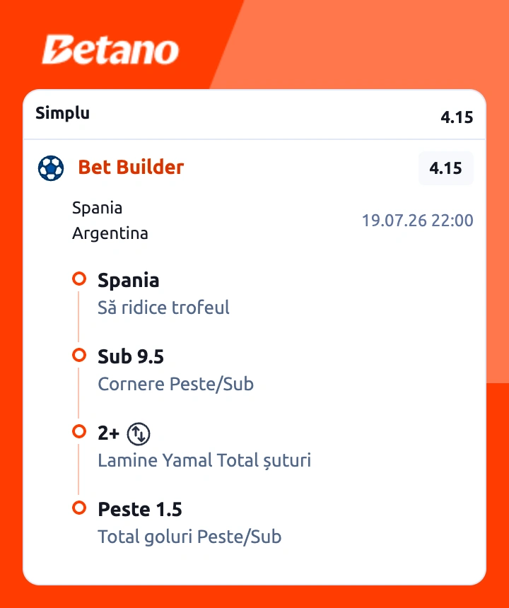 Biletul zilei la Betano pe finala Cupei Mondiale, Spania vs Argentina, 19 iulie 2026