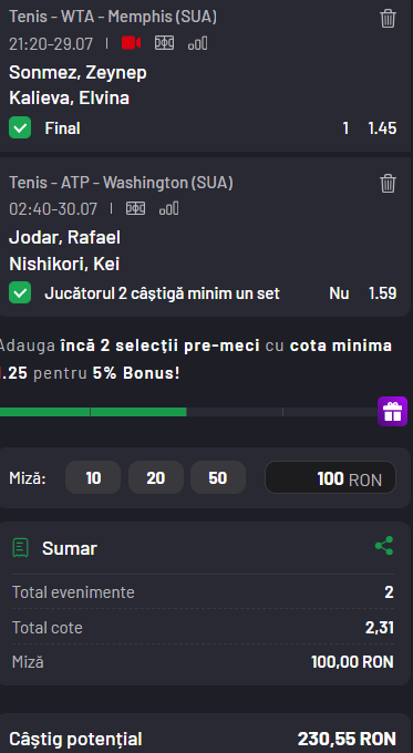 Biletul zilei tenis 29 iulie 2026