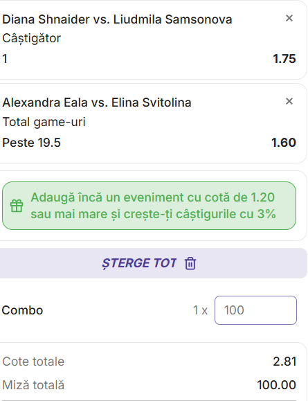 Biletul zilei tenis 31 iulie 2026