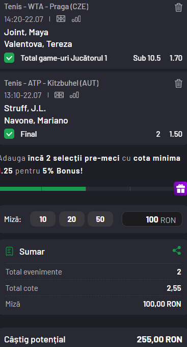 Biletul zilei tenis la Maxbet 22 iulie 2026