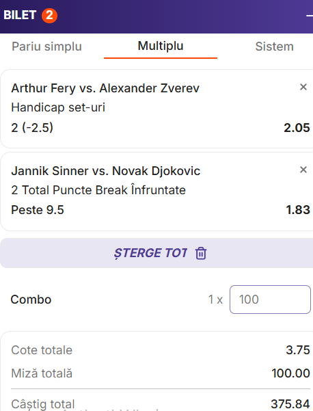 Biletul zilei tenis la Zinx 10 iulie 2026