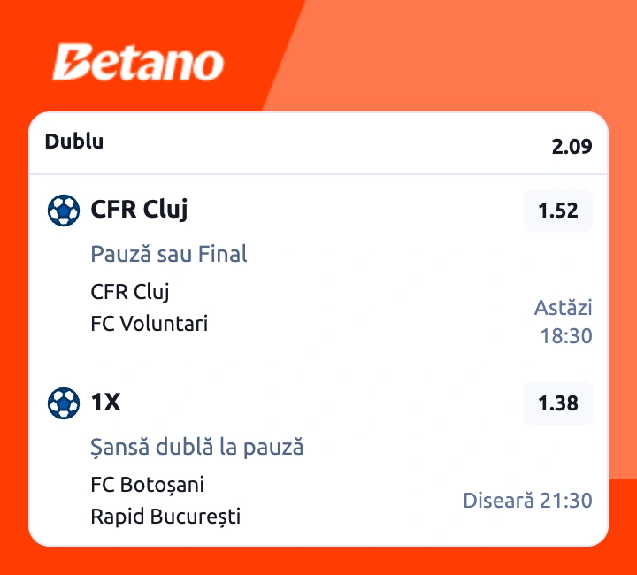 Cota 2 din fotbal la Betano, 27 iulie 2026. Istoric pozitiv pentru CFR împotriva celor de la Voluntari