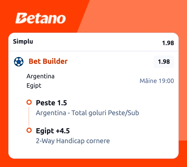 Cota 2 din fotbal la Betano pe Argentina vs Egipt, 7 iulie 2026.