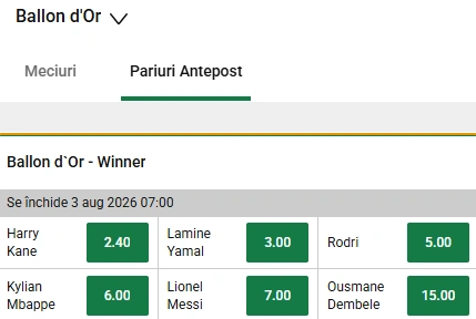 Cote Pariuri Balonul de Aur 2026 la Unibet