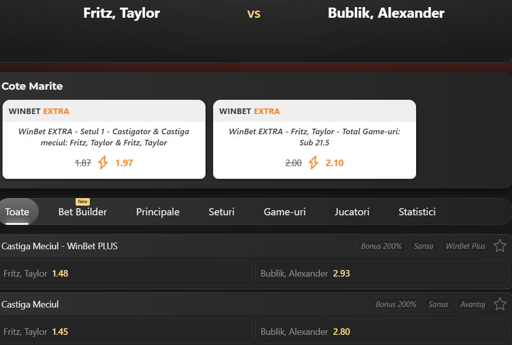 Cote Pariuri Taylor Fritz vs Alexander Bublik