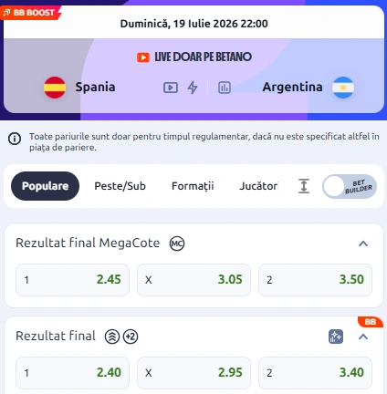 Cote câștigătoare Spania vs Argentina în finala World Cup 2026 la Betano