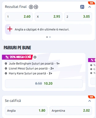 Cote pariuri Anglia vs Argentina la Betano