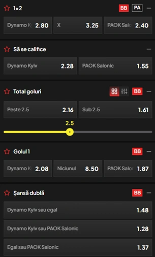 Cote pariuri Dynamo Kiev vs PAOK la TopBet
