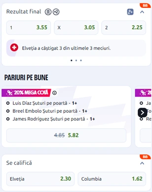 Cote pariuri Elvetia vs Columbia la Betano