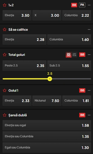 Cote pariuri Elvetia vs Columbia la TopBet