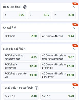 Cote pariuri Kairat Almaty vs Omonia Nicosia la Betano