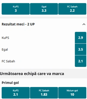Cote pariuri KuPS vs Sabah Baku la Betfair