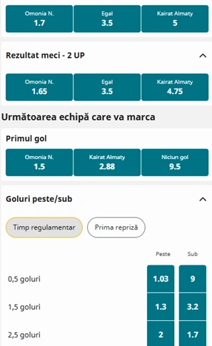 Cote pariuri Omonia Nicosia vs Kairat Almaty la Betfair