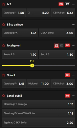 Cote pariuri Qarabag vs CSKA Sofia la TopBet