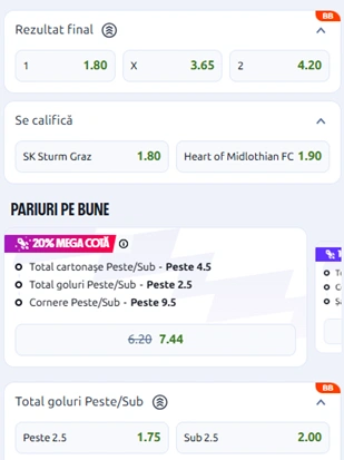Cote pariuri Sturm Graz vs Hearts la Betano