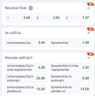 Cote pariuri U Cluj vs Dynamo Kiev la Betano
