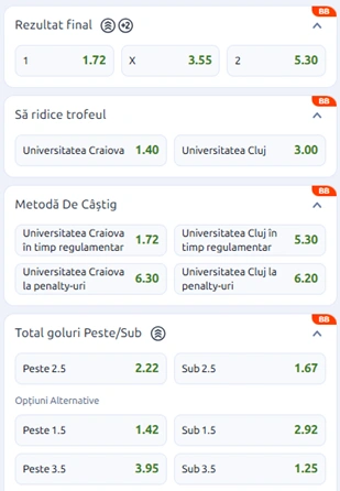 Cote pariuri Universitatea Craiova vs U Cluj la Betano